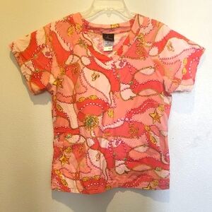 Baby Phat Pink and Gold/pink Patterned Scrub M Top